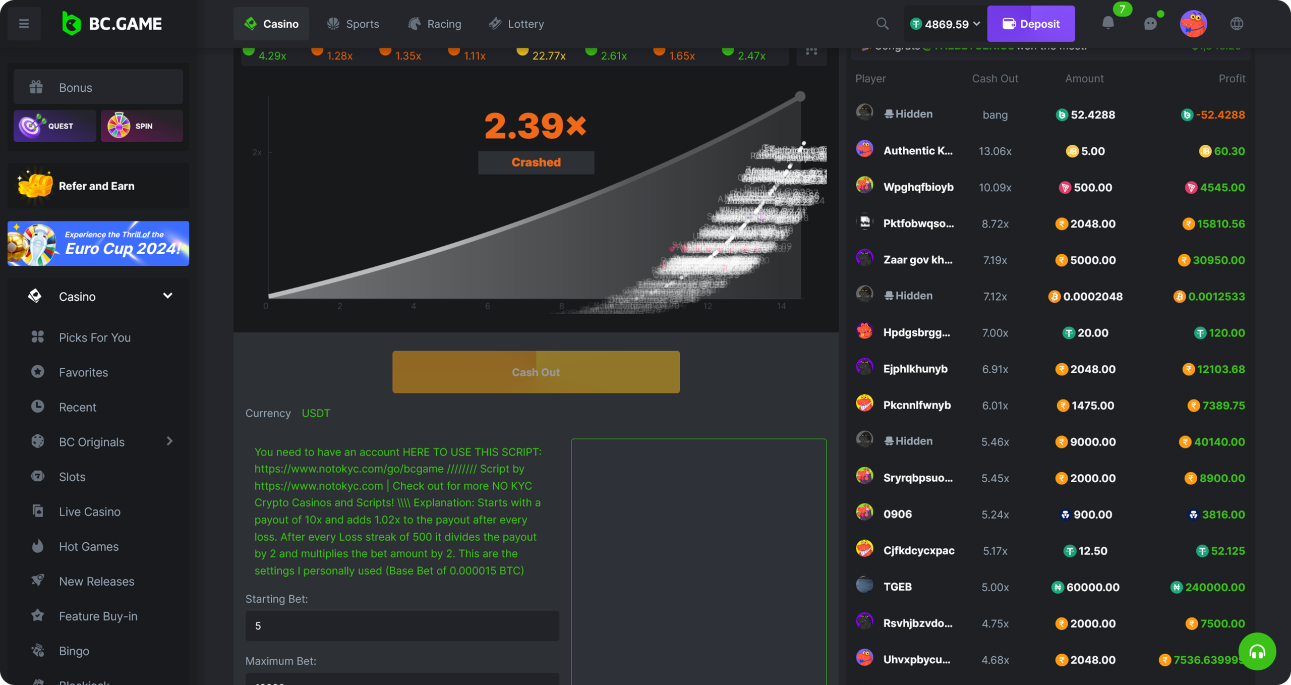 the crash script in action on bc.game crypto casino